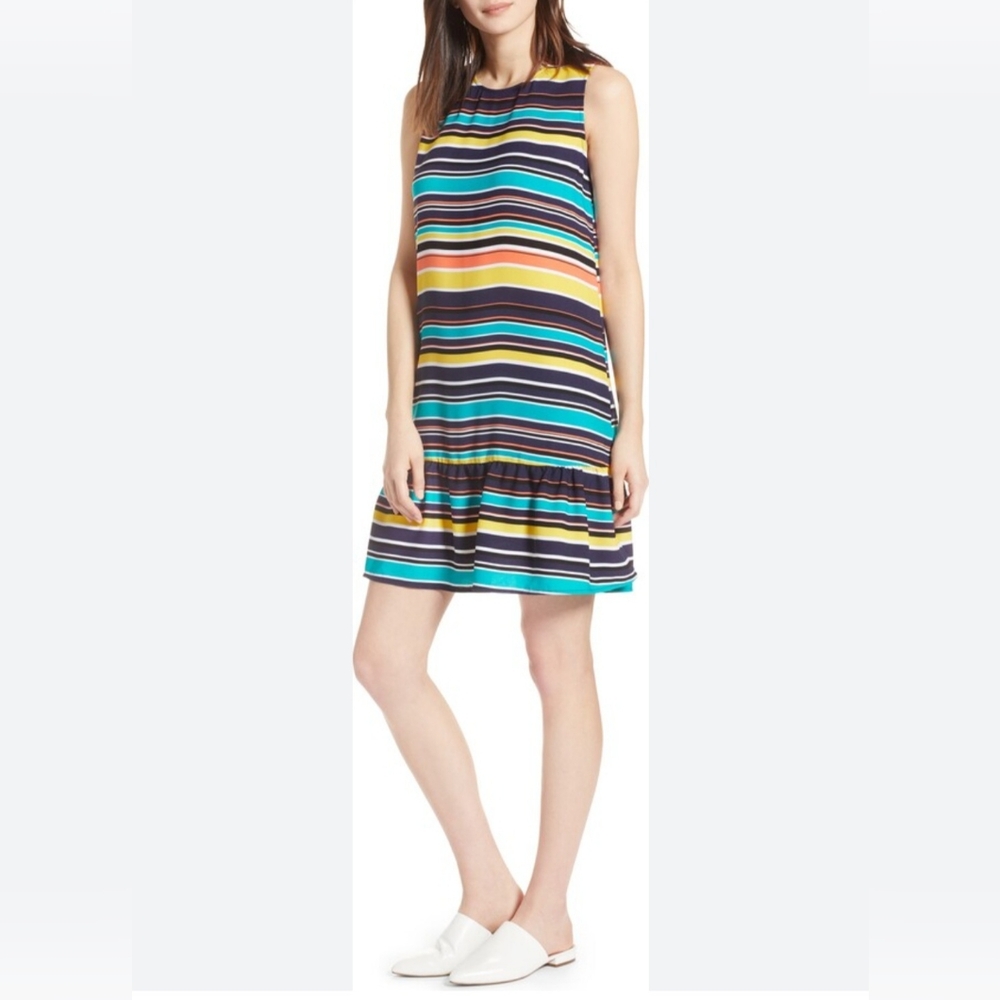 Halogen Nautical Preppy Multi Stripe Drop-Waist Mini Flounce Dress Size S.